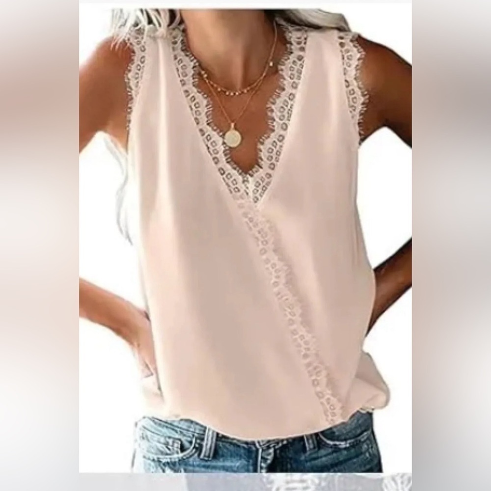 ROSKIKI Women's Solid Sleeveless Wrap V Neck Lace Trim Cami Blouse Tops